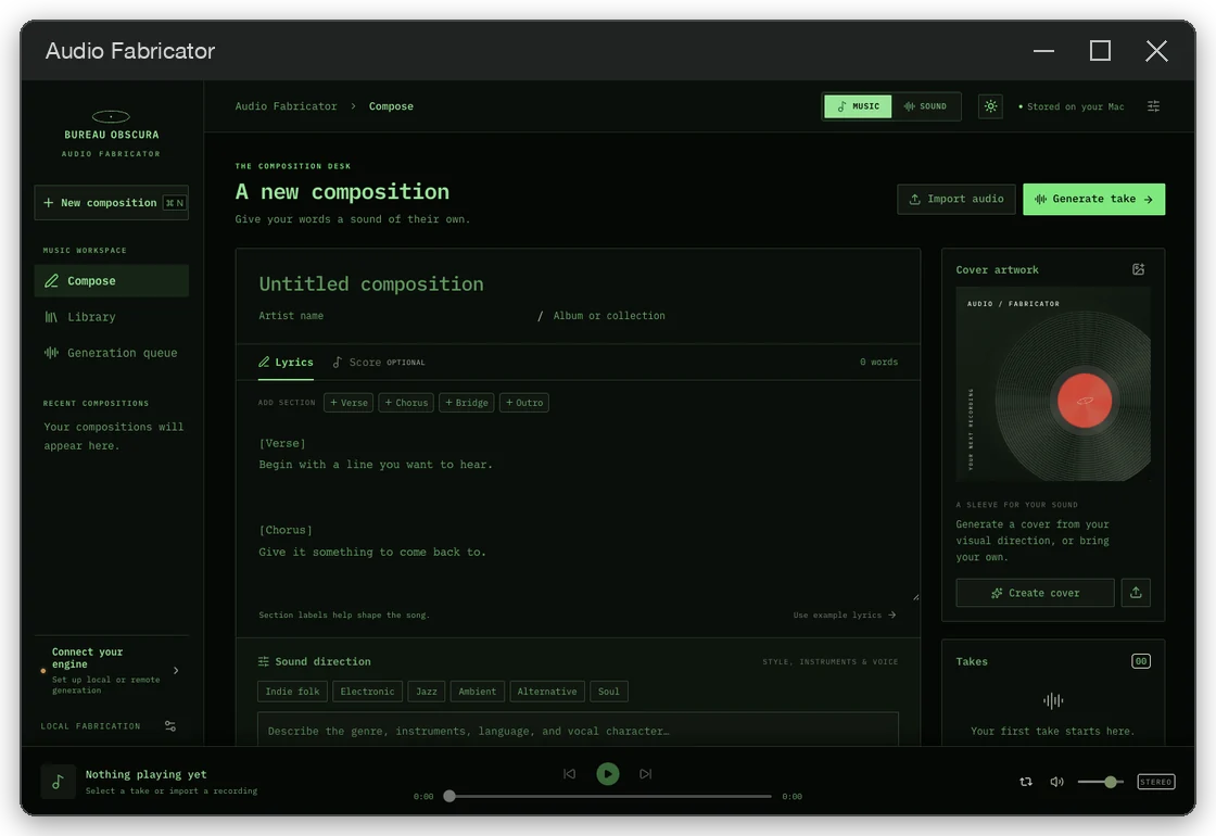 Audio Fabricator composition desk with lyrics, sound direction and cover artwork