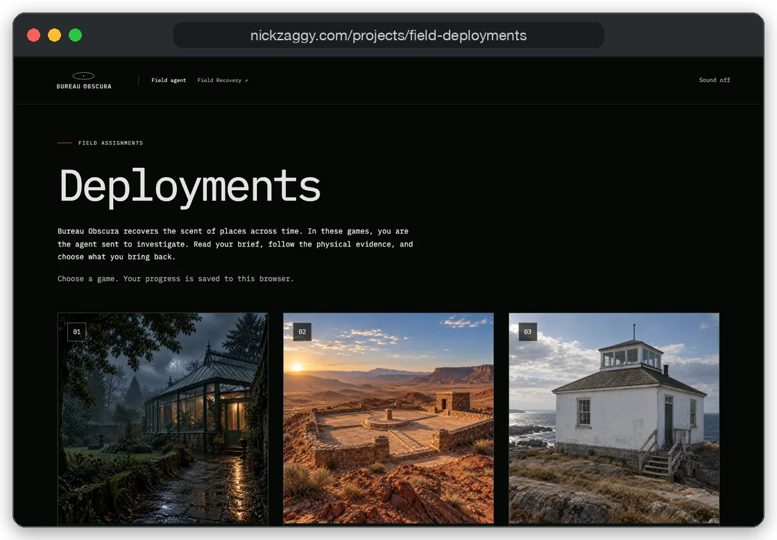 The Field Deployments game library with illustrated investigations.