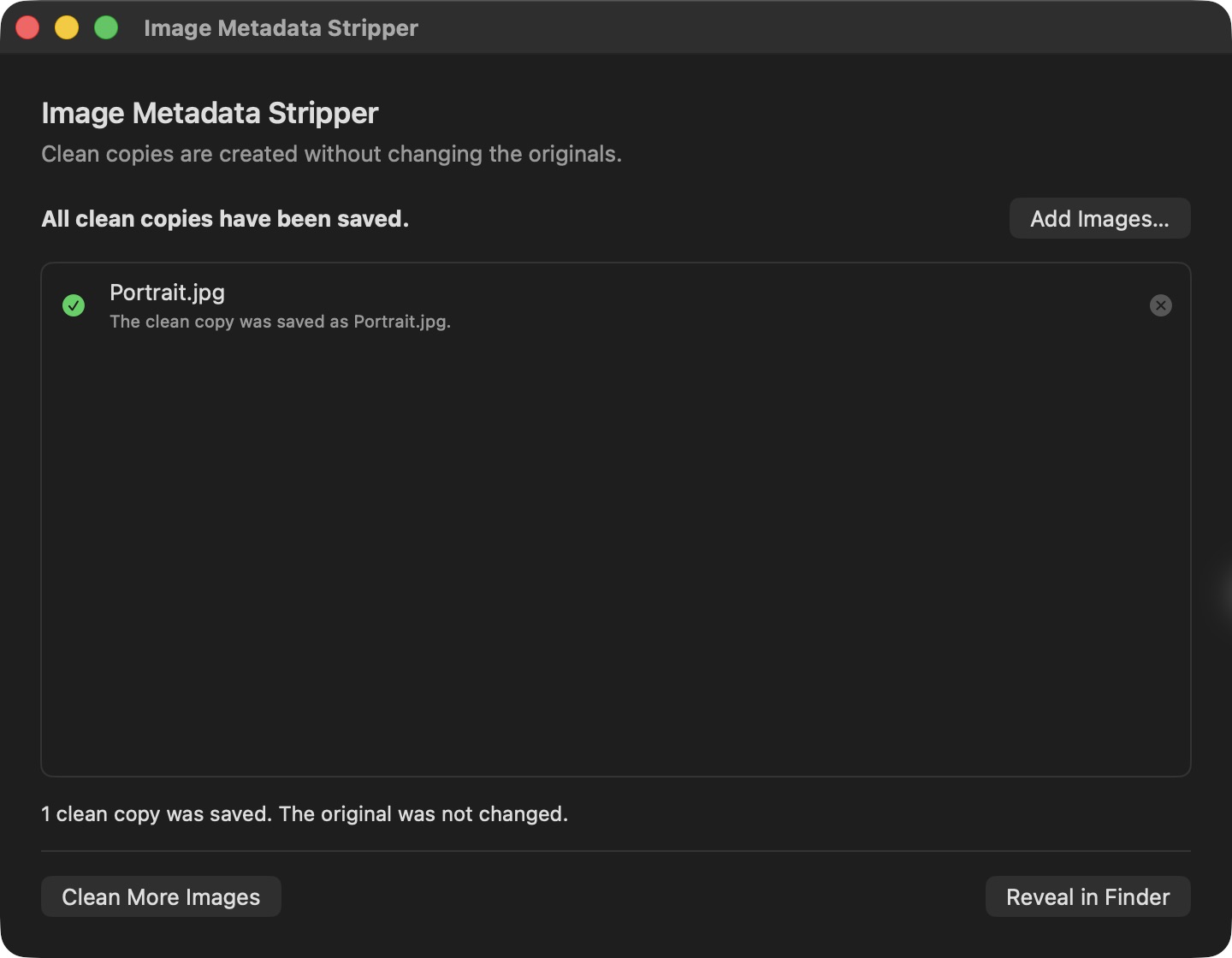 Image Metadata Stripper confirming a clean copy of Portrait.jpg was saved while preserving the original.