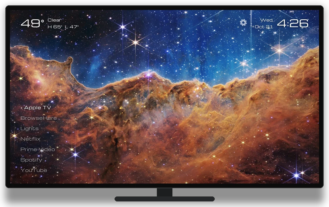 Liftoff home screen on a TV: a NASA photo with weather, clock and an app list