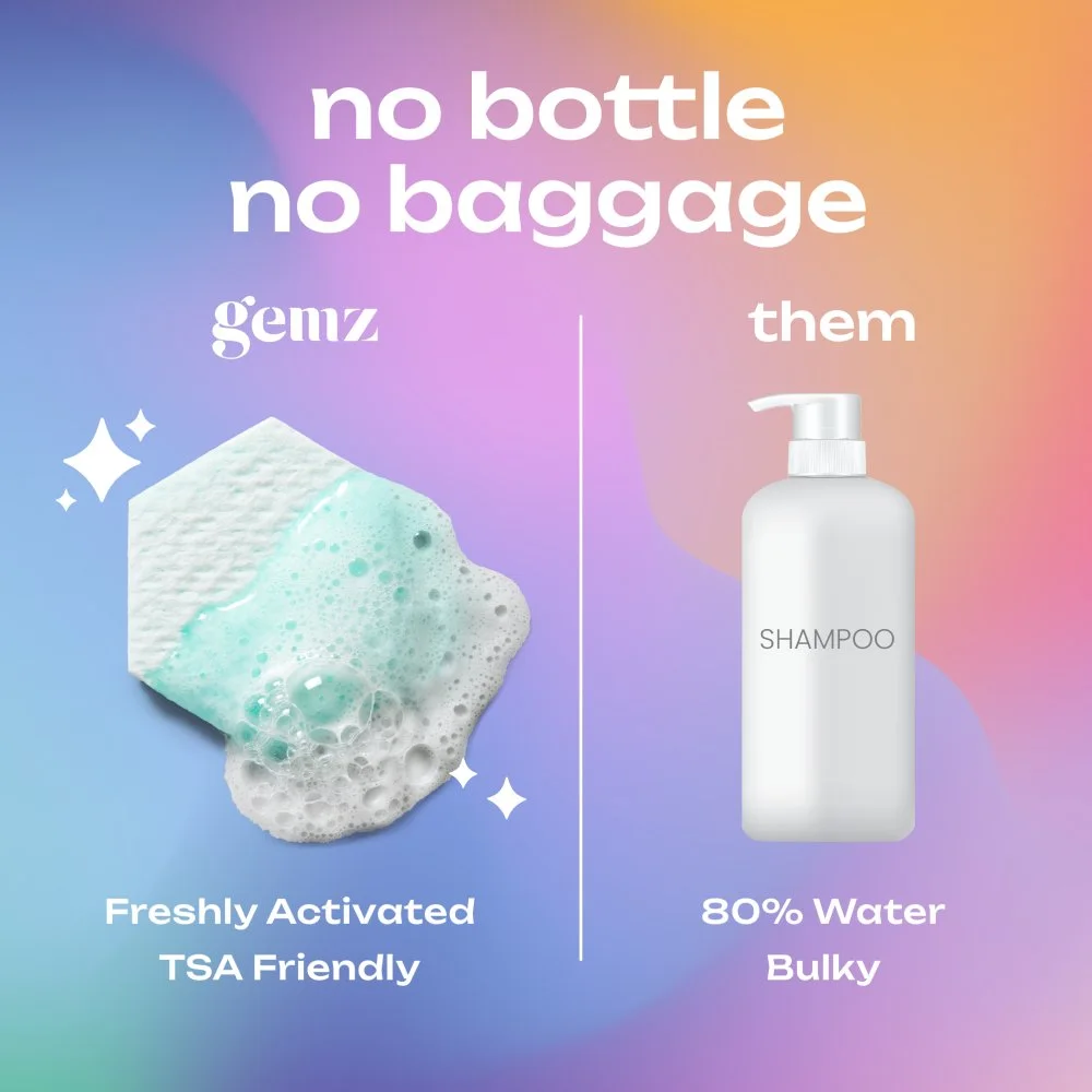 GEMZ campaign creative comparing its water-activated format with a conventional shampoo bottle.